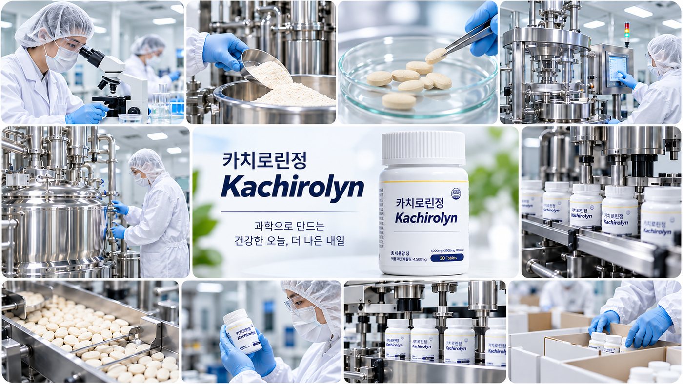 원료 검사, 배합, 정제 성형, 병입, 포장으로 이어지는 카치로린정 제조 공정 모음. 가운데 문구: 과학으로 만드는 건강한 오늘, 더 나은 내일