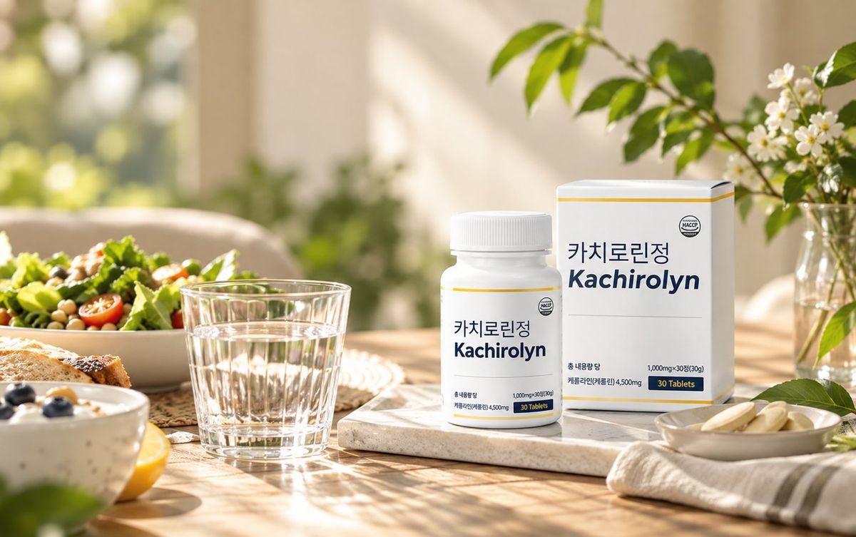 식탁 위 샐러드와 물 한 잔 옆에 놓인 카치로린정 병과 박스