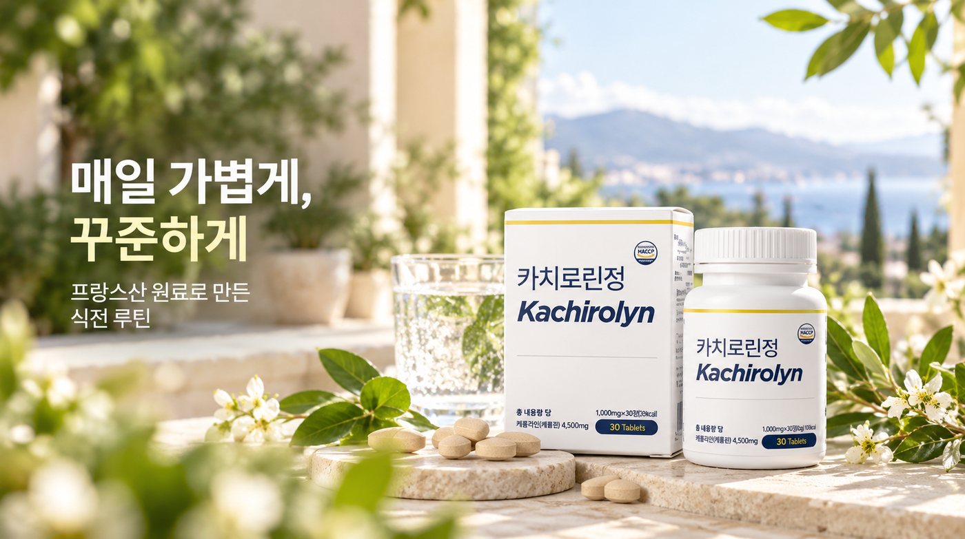 매일 가볍게, 꾸준하게. 프랑스산 원료로 만든 식전 루틴. 햇살 드는 테라스 위 카치로린정 박스와 병, 정제, 물 한 잔
